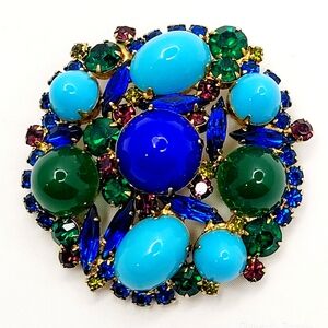 Large Vintage Juliana High Dome Cabachon Blue Green Brooch 2.5"